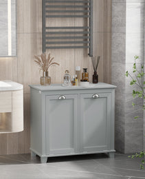 Dual Tilt out Laundry Hamper Cabinet, Bathroom Storage Cabinet with 2-Compartment Hamper, Modern Bathroom Floor Cabinet for Washroom, Gray