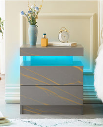 Nightstand LED Bedside Table Cabinet Lights Modern End Side With 2 Drawers For Bedroom Grey Gold