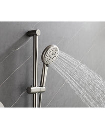 Shower System With Shower Head, Hand Shower, Slide Bar, Bodysprays, Shower Arm, Hose, Valve Trim, And Lever Handles