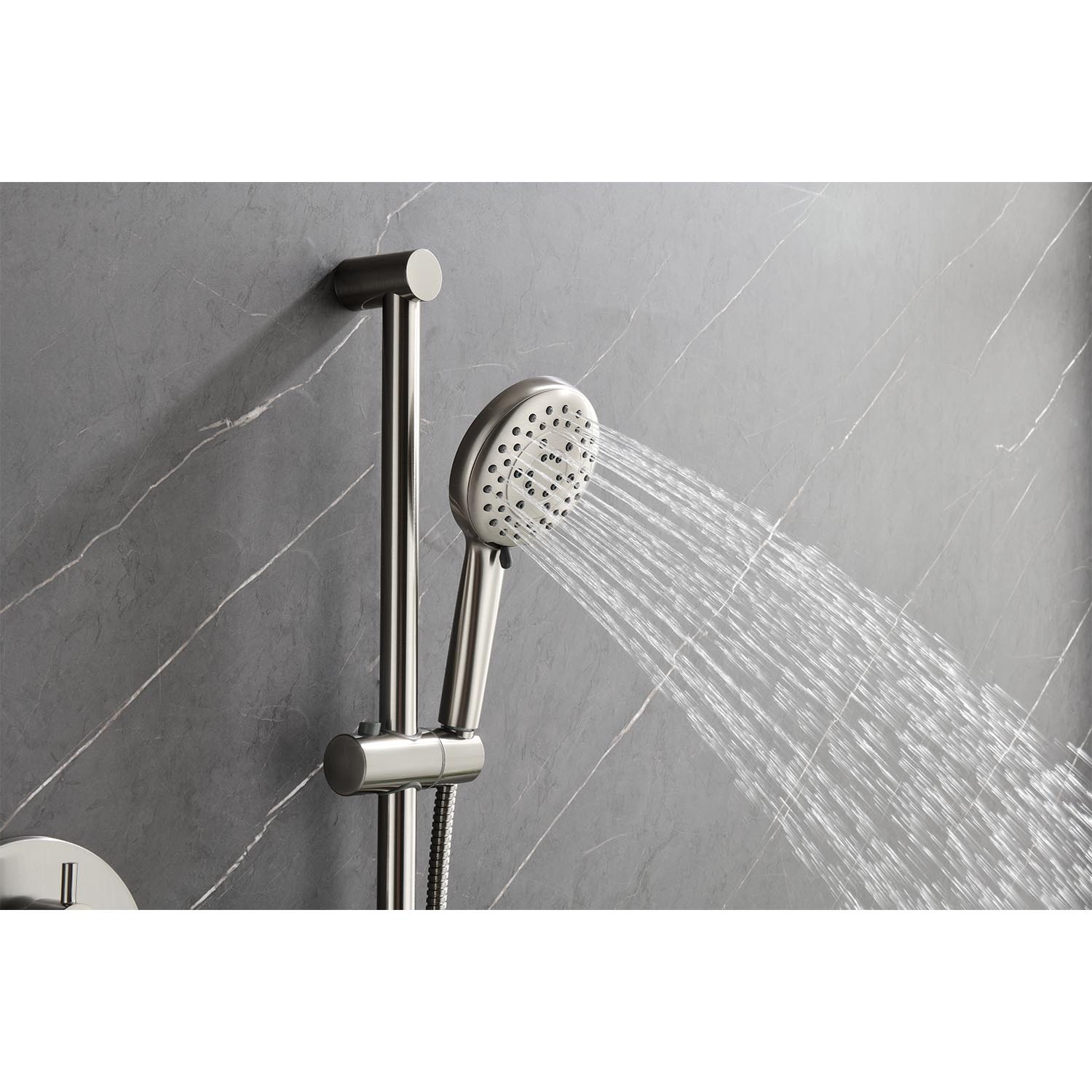 Shower System With Shower Head, Hand Shower, Slide Bar, Bodysprays, Shower Arm, Hose, Valve Trim, And Lever Handles