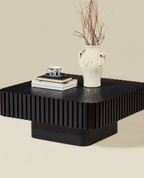 Modern 35.43 Inch Handcraft Drum Coffee Table Square Coffee Table For Living Room,Small Wooden Coffee Table With Sturdy MDF Pedesta,Black Color
