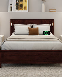 Queen Size Bed With Tall-Panel Headboard & Footboard, Built-in LED Lights, USB Charging Station, Pinewood Bed With Strengthened Bed Frame ,Walnut