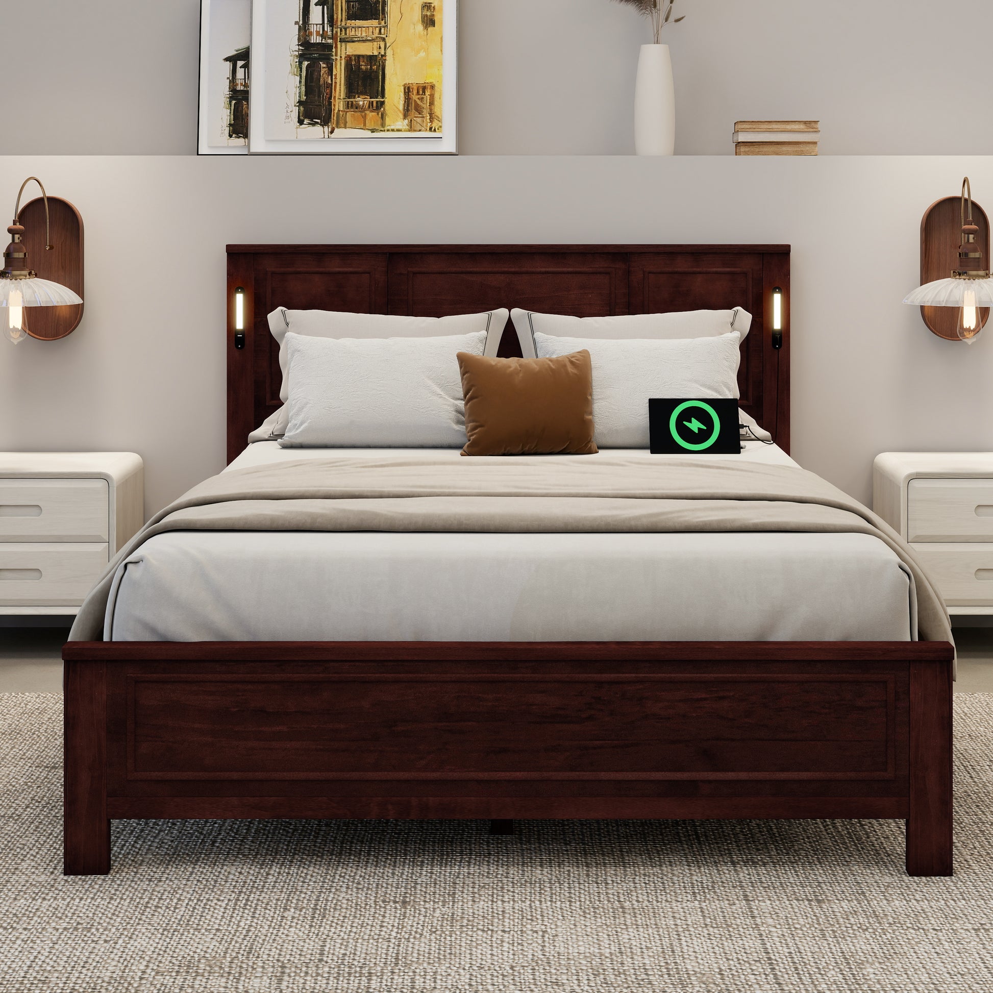 Queen Size Bed With Tall-Panel Headboard & Footboard, Built-in LED Lights, USB Charging Station, Pinewood Bed With Strengthened Bed Frame ,Walnut