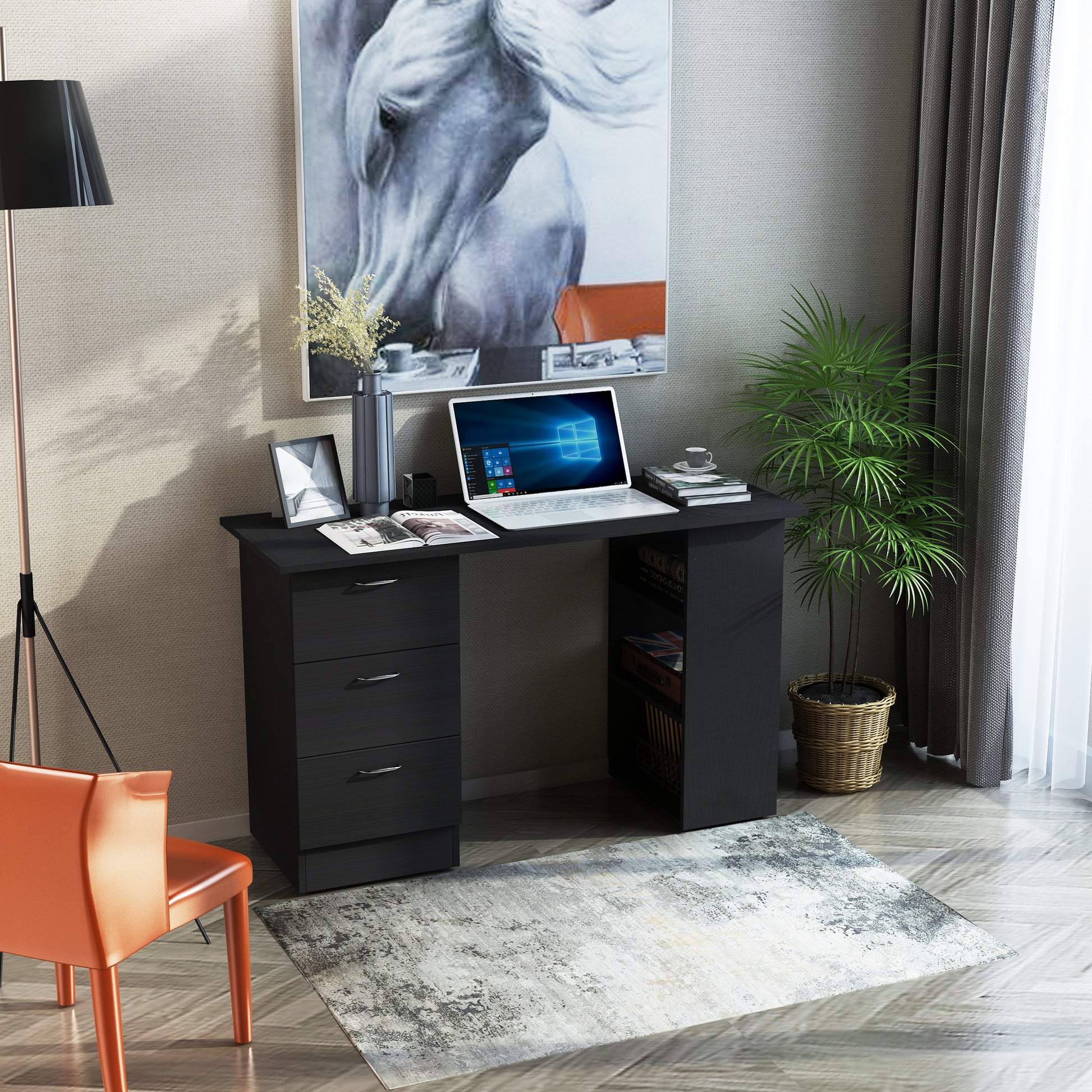 47" Home Office Computer Desk Bookcase Combo, Writing Table Workstation with 3 Drawer and Storage Shelf - Black