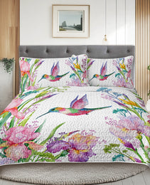 Watercolor Hummingbird Flowers Pattern Quilt Set -1 Quilt, 2 Shams