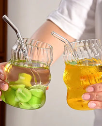 6 Pcs 19 Ounce Glass Straw Cup, Coffee Cup, Milk Cup, Juice Cup, Cold Drink Cup, Tea Cup, Water Cup, Office Cup, Striped Cloud Cup