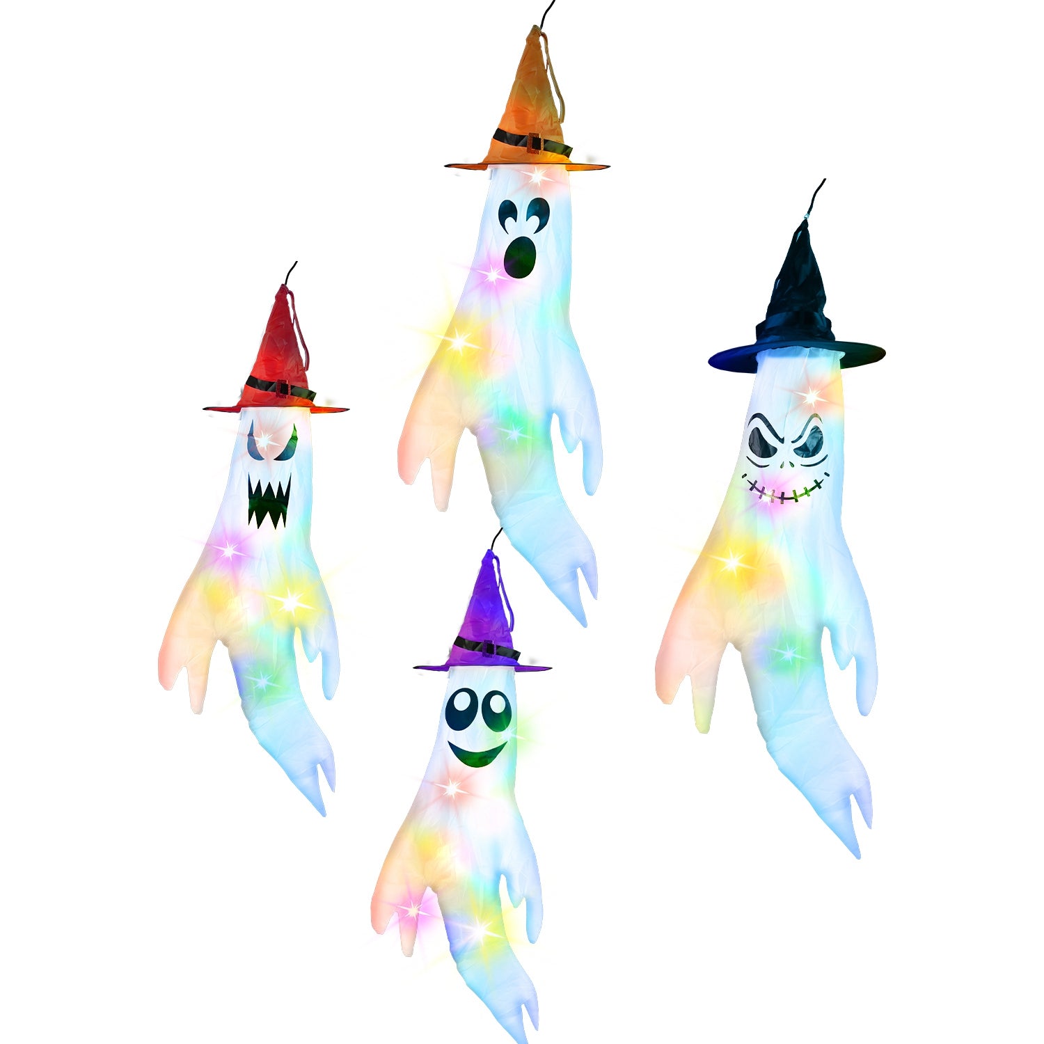Four LED ghost windsocks with witch hats