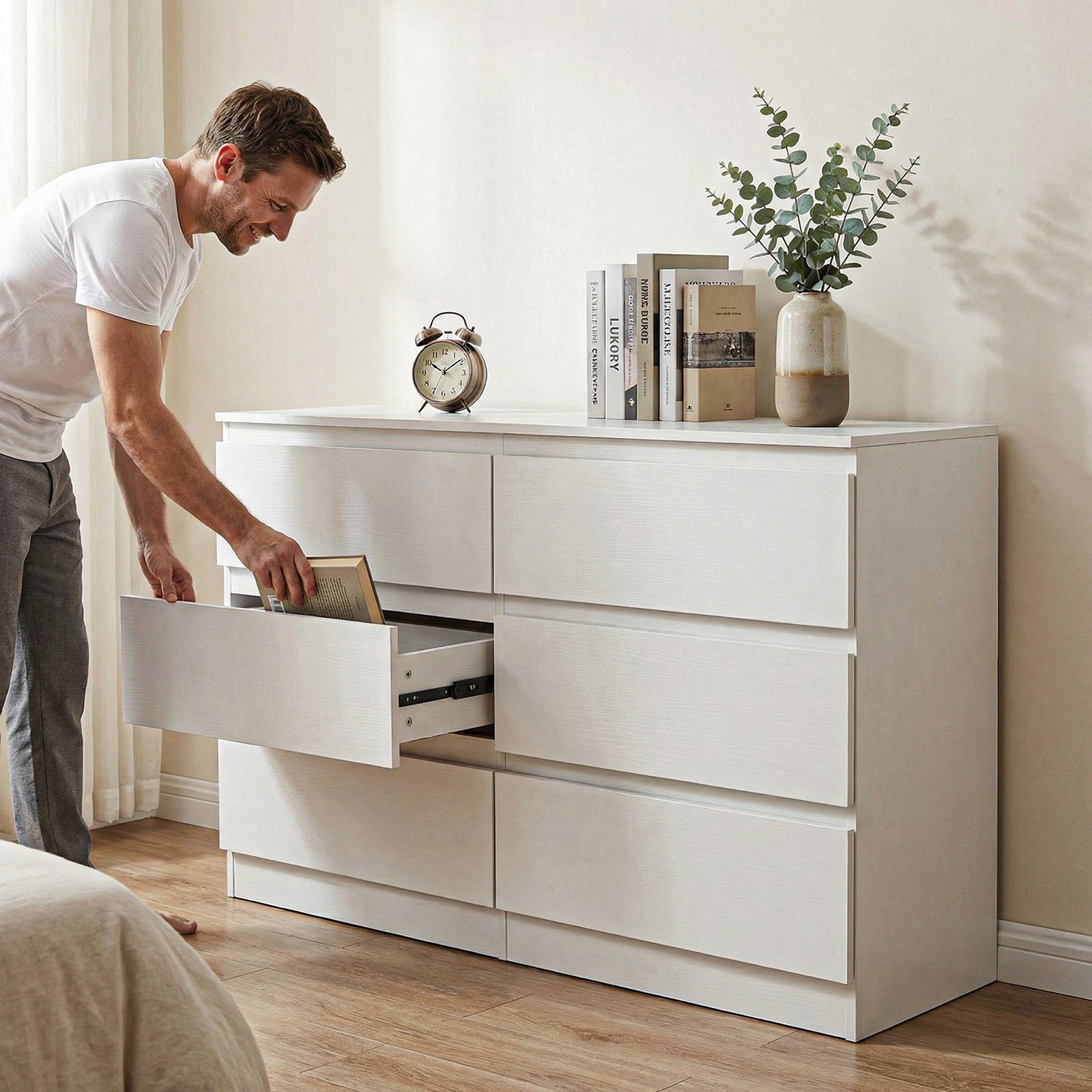 6 Drawer White Dresser, Modern Dresser For Bedroom With Spacious Countertop, Wood Storage Cabinet With Concealed Handles & 6 Deep Drawers For Bedroom, Living Room, Entryway, 15.7D X 47.2W X 30.9