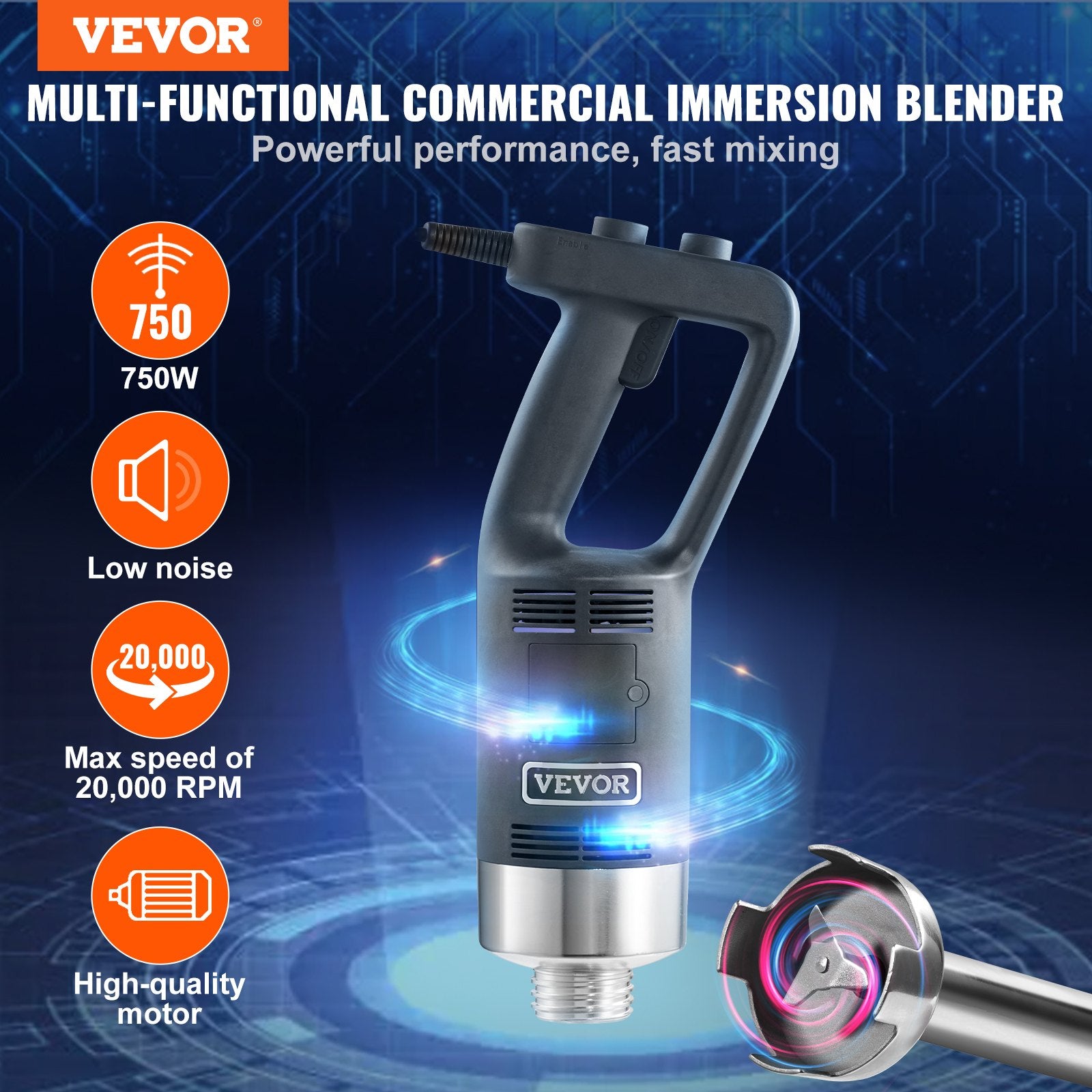 Commercial Immersion Blender, 750W 12' Heavy Duty Hand Mixer, Variable Speed Kitchen Stick Mixer With 304 Stainless Steel Blade, Multi-Purpose Portable Mixer For Soup, Smoothie, Puree, Baby Food