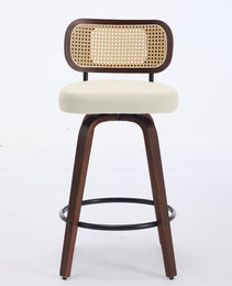 Set Of 3 Counter Height Bar Stools  26 Inch Rattan Counter Height Stools With Cane Back, Upholstered Seat, Walnut Craftsmanship, Swivel Counter Stools For Island  Kitchen  Counter  Bar Walnut Beige
