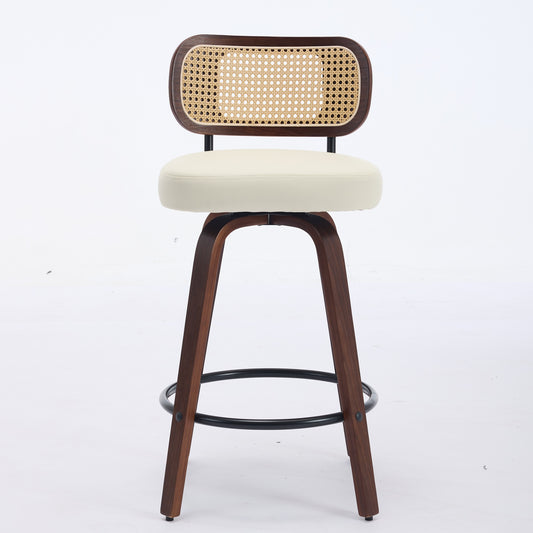Set Of 3 Counter Height Bar Stools  26 Inch Rattan Counter Height Stools With Cane Back, Upholstered Seat, Walnut Craftsmanship, Swivel Counter Stools For Island  Kitchen  Counter  Bar Walnut Beige