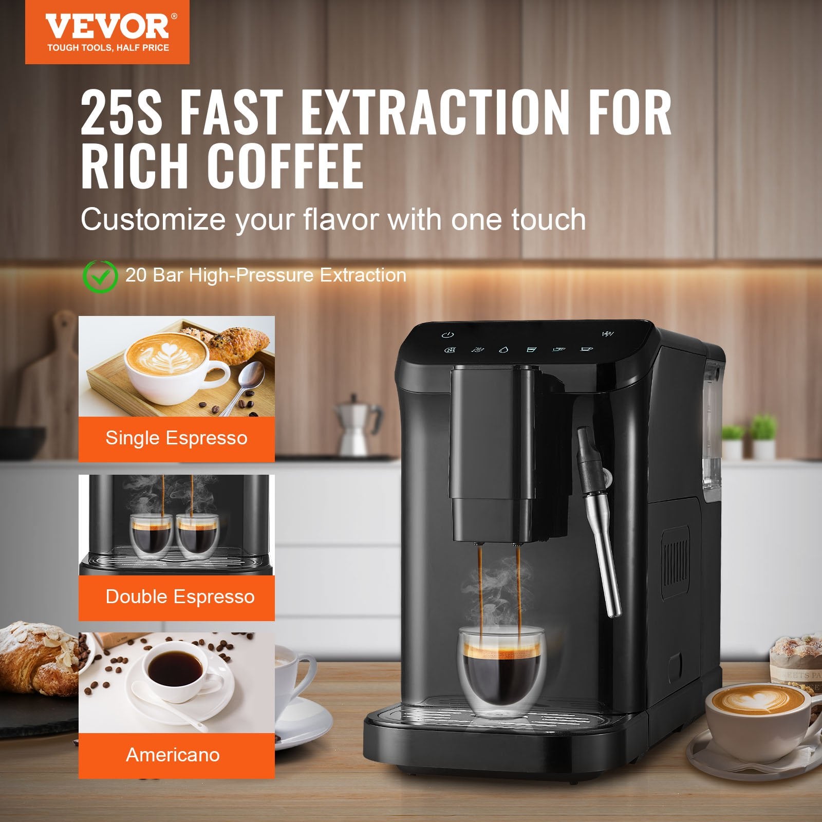 Automatic Espresso Machine 20Bar W/ Frother Steam Wand & 15 Grinding Level