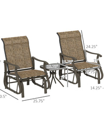 3-Piece Outdoor Gliders Set Bistro Set With Steel Frame, Tempered Glass Top Table For Patio, Garden, Light Mixed Brown