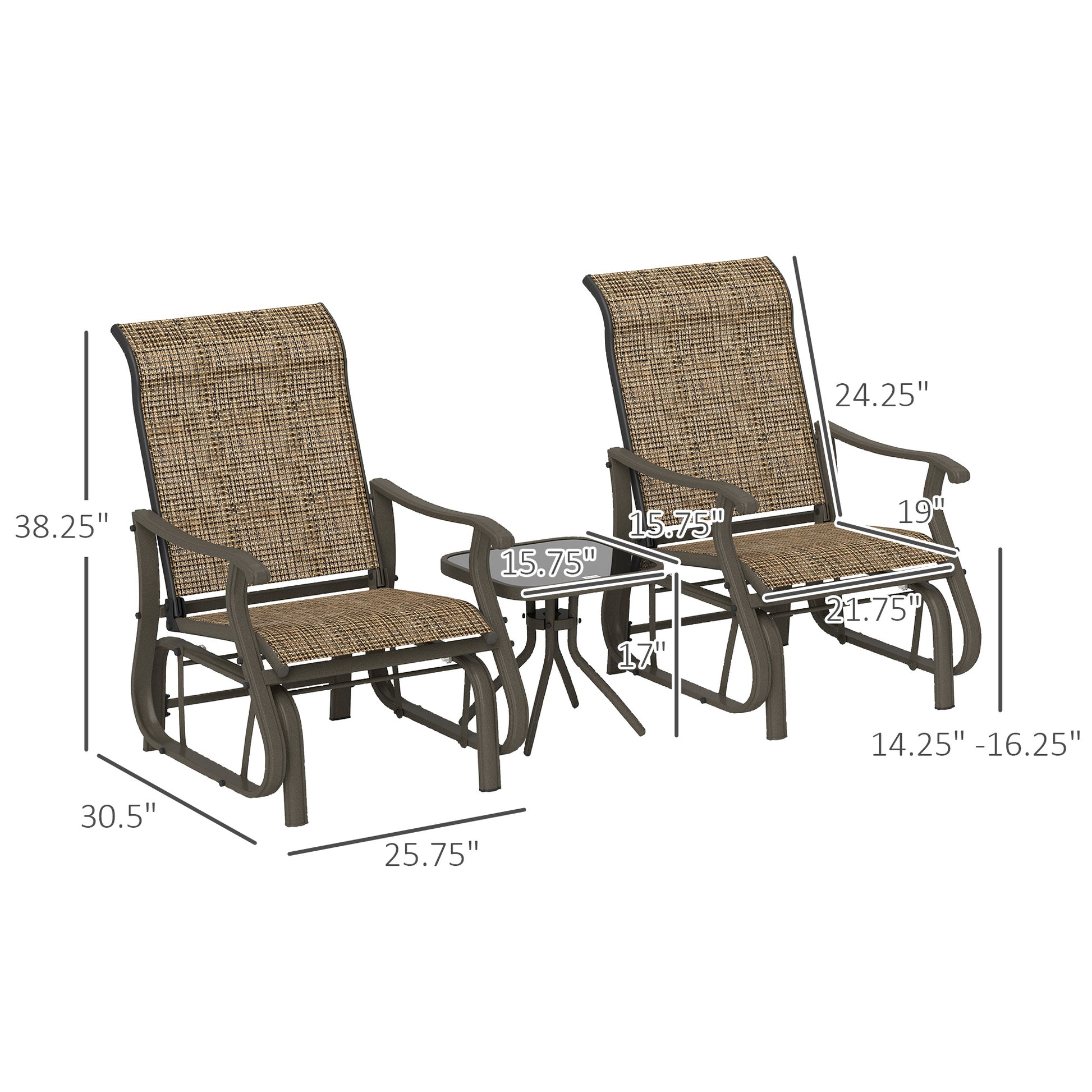 3-Piece Outdoor Gliders Set Bistro Set With Steel Frame, Tempered Glass Top Table For Patio, Garden, Light Mixed Brown