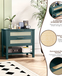 Rattan Nightstand With 2 Drawers And Storage Shelf Boho Bedside Narrow Side Table For Bedroom
