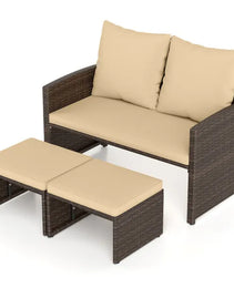 Outdoor Patio Furniture Set, PE Rattan Loveseat & 2 Ottomans Removable Cushions Metal Frame