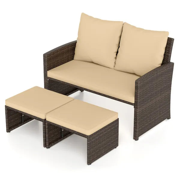 Outdoor Patio Furniture Set, PE Rattan Loveseat & 2 Ottomans Removable Cushions Metal Frame