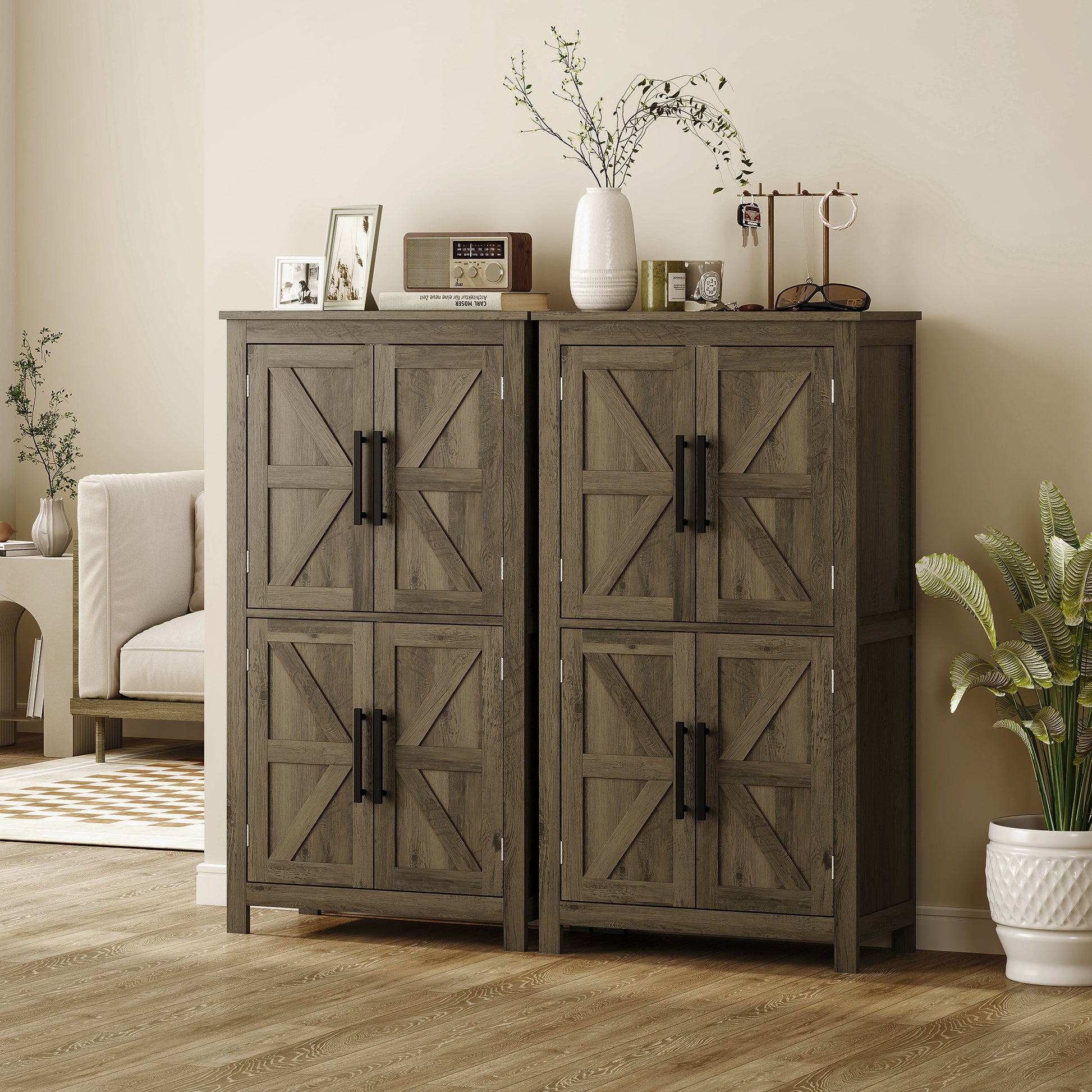 Bathroom Floor Storage Cabinet, Farmhouse Bathroom Cabinet with 4 Doors and Adjustable Shelf, Brown