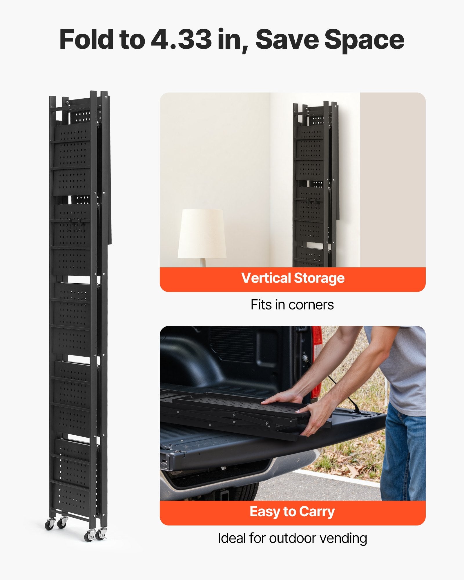 6-Tier Foldable Storage Shelf, 24W X 12D X 72H Inch Folding Metal Rack Shelving Unit, No Assembly Organizer Shelf With 5 Wheels & 4 Hooks For Pantry, Kitchen, Garage, Basement, Black