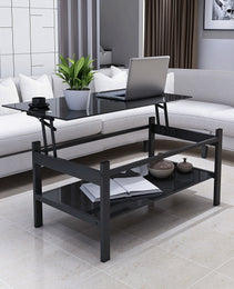 Glass Lift Top Coffee Table, Modern Simple 2-Layer Tempered Glass Coffee Table For Living Room, Black