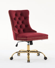 A&A Furniture Office Chair,Modern Velvet Upholstered Tufted Button Home Office Chair With Golden Metal Base,Adjustable Desk Chair Swivel Office Chair Wine Red