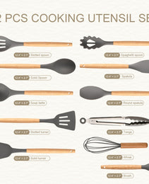 Non-Stick Silicon 12 Pcs Heat Resistant Wooden Handle Kitchen Cooking Utensils Set, Gray Color