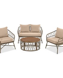 GO Bohemia-inspired 4-Person Outdoor Seating Group With Removable Cushions, Conversation Patio Set With Wood Tabletop, Beige