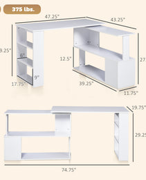 360° Rotating Home Office Desk L Shaped Corner Computer Desk with Storage Shelves, Writing Table Workstation, White