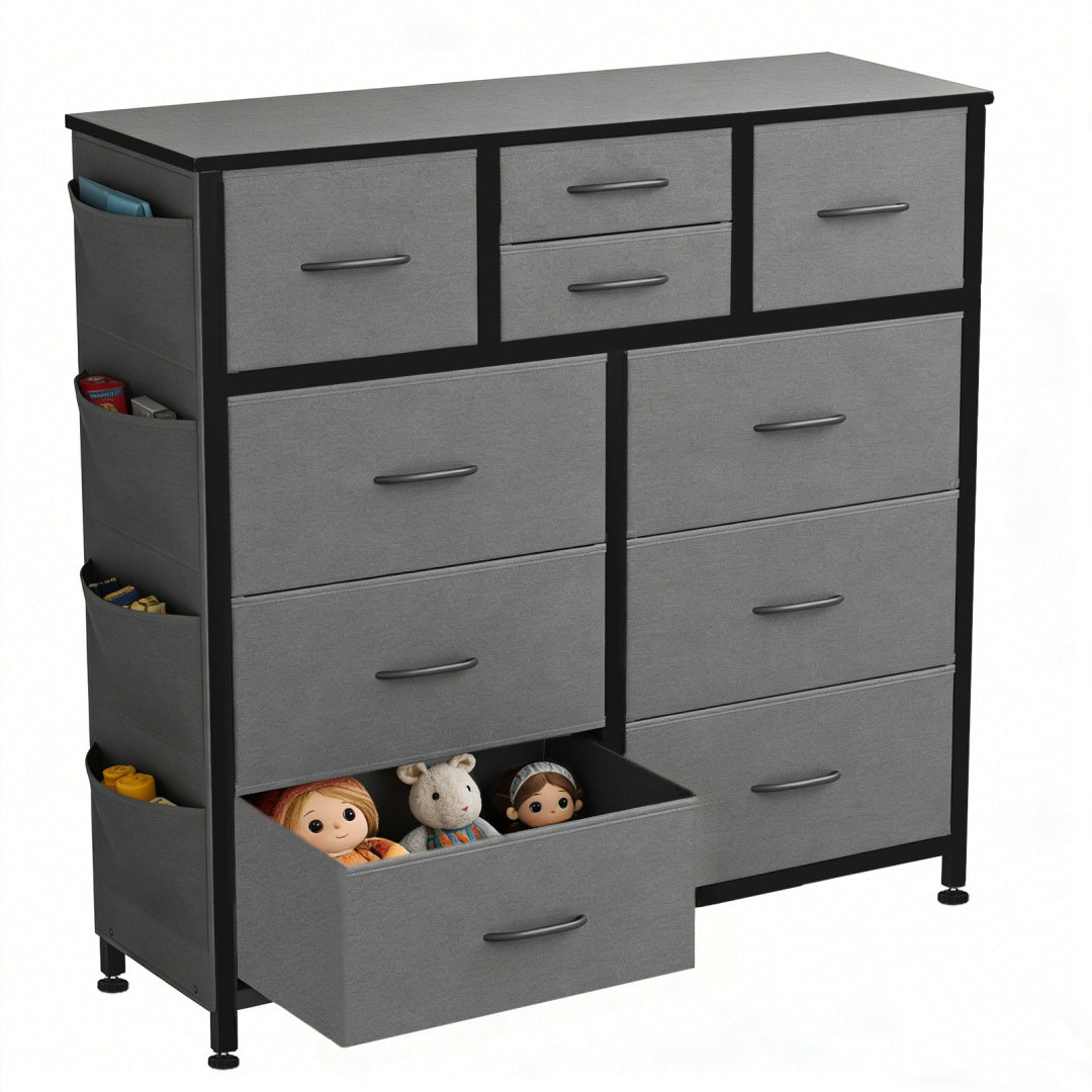 10-Drawer Dresser With Side Pocket & Hooks, Storage Cabinet With Wood Top For Bedroom Closet Organization