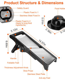 Mandoline Food Slicer – Stainless Steel Vegetable & Fruit Cutter with Adjustable Blades & Food Holder