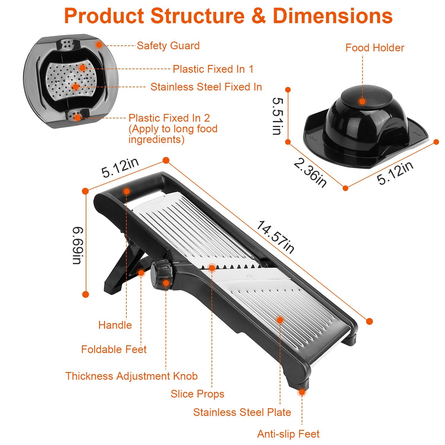 Mandoline Food Slicer – Stainless Steel Vegetable & Fruit Cutter with Adjustable Blades & Food Holder
