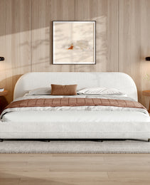 King Size Bed Frame With Boucle Fabric, Upholstered Platform Bed With Curve-Shaped Design & Thick Headboard, White