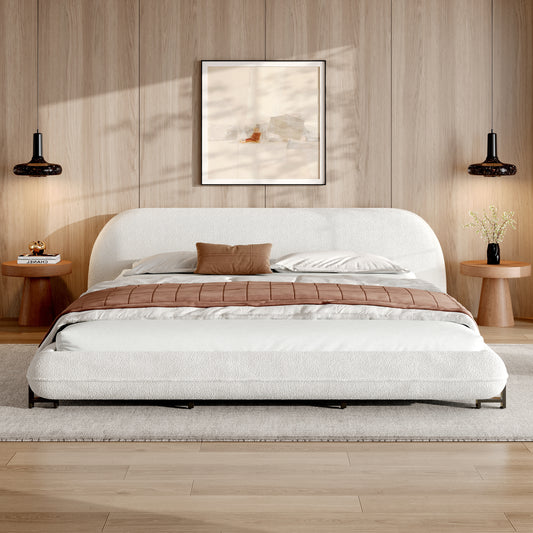 King Size Bed Frame With Boucle Fabric, Upholstered Platform Bed With Curve-Shaped Design & Thick Headboard, White