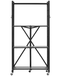 4-Tier Foldable Storage Shelf, 28W X 13D X 54H Inch Folding Metal Rack Shelving Unit, No Assembly Organizer Shelf With 5 Wheels & 4 Hooks For Pantry, Kitchen, Garage, Basement, Black