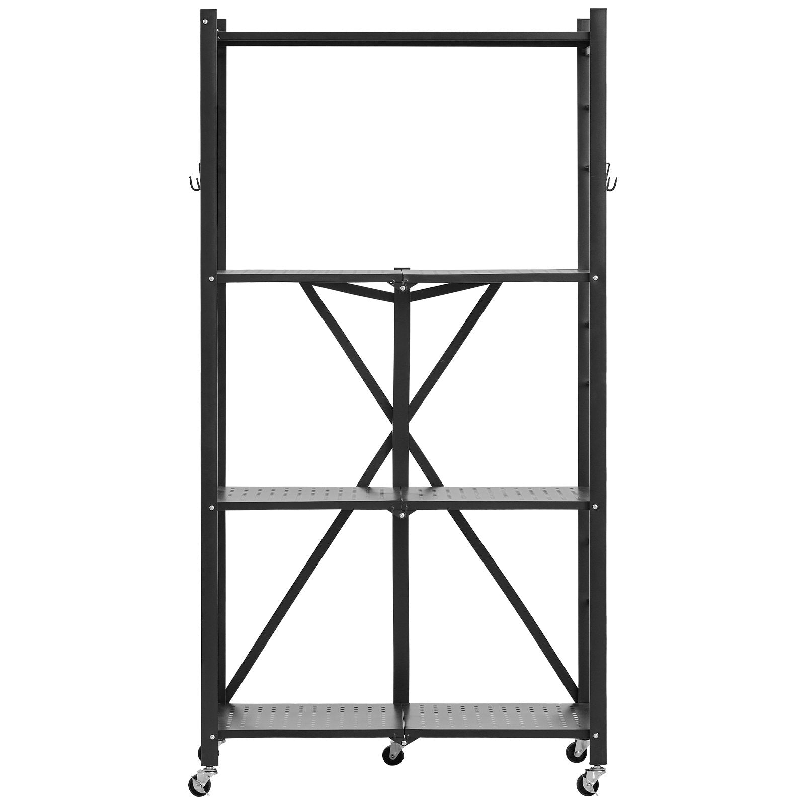 4-Tier Foldable Storage Shelf, 28W X 13D X 54H Inch Folding Metal Rack Shelving Unit, No Assembly Organizer Shelf With 5 Wheels & 4 Hooks For Pantry, Kitchen, Garage, Basement, Black