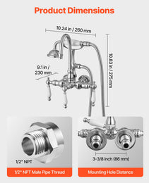 Clawfoot Tub Faucet, Wall-Mounted Bathtub Faucets With Handheld Shower, Polished Chrome Clawfoot Tub Filler Faucet Shower Kit With 59" Long Hose & Gooseneck Spout, Modern & Vintage For Bathtubs