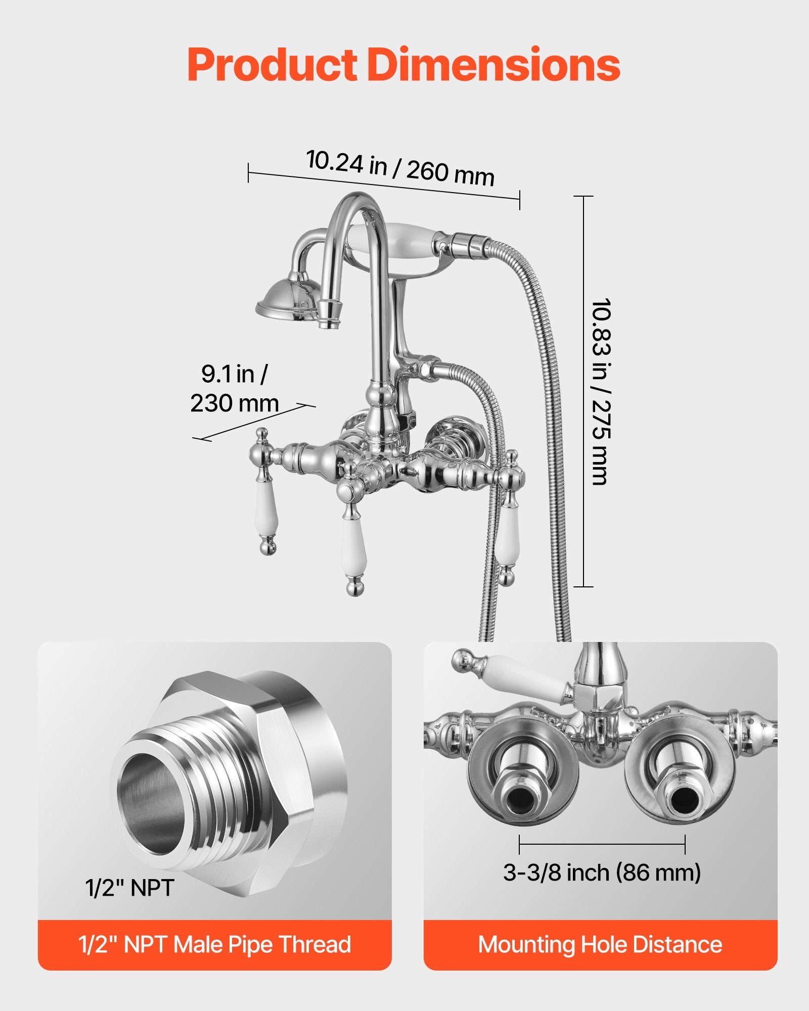 Clawfoot Tub Faucet, Wall-Mounted Bathtub Faucets With Handheld Shower, Polished Chrome Clawfoot Tub Filler Faucet Shower Kit With 59" Long Hose & Gooseneck Spout, Modern & Vintage For Bathtubs