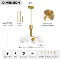 Gold Sputnik Ceiling Light, 4-Light Modern Chandelier with Adjustable Height,Globe Pendant Ceiling Light with Milk Glass Shades, Mid Century Hanging Light Fixture for Living Room Bedroom Foyer