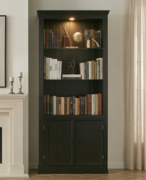 78.75 H 4-Tier Display Shelf, With 5-Colors Dimmable Ceiling Light, Freestanding Farmhouse Bookcases With Storage & Doors, Bookshelf With Adjustable Glass Shelves For Home & Office - Black