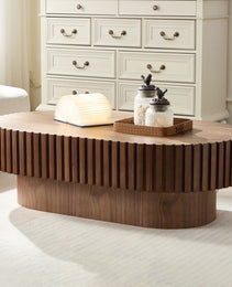 43.70 Inch Modern Handcraft Drum Coffee Table Oval Coffee Table For Living Room,Small Wooden Coffee Table With Sturdy Pedestal For Office,Walnut