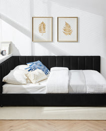 Full Size Upholstered Tufted Bed Frame, Sofa Bed Frame With Comfortable Backrest And Armrests, Full Size Bed For Bedroom, Living Room,Velvet-Black 81x60x29.5