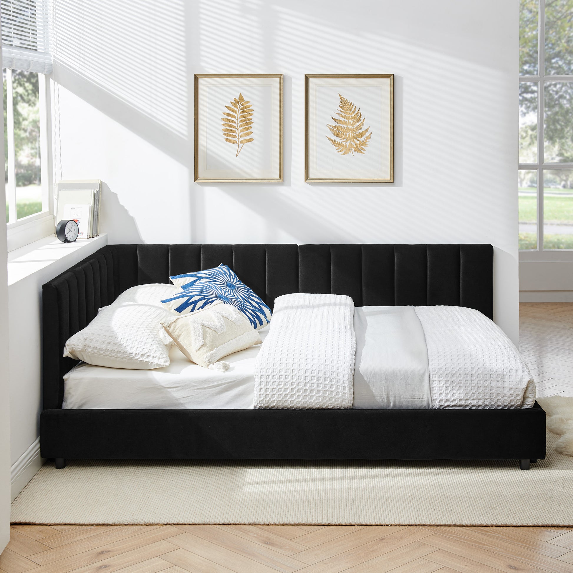 Full Size Upholstered Tufted Bed Frame, Sofa Bed Frame With Comfortable Backrest And Armrests, Full Size Bed For Bedroom, Living Room,Velvet-Black 81x60x29.5