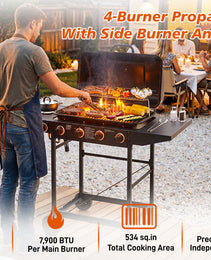 4 Burner BBQ Propane Gas Grill With Side Burner 42000 BTU Output Stainless Steel Barbecue Grill With Enamel-Coated Grates And Side Tables For Outdoor Cooking Kitchen And Patio Backyard.