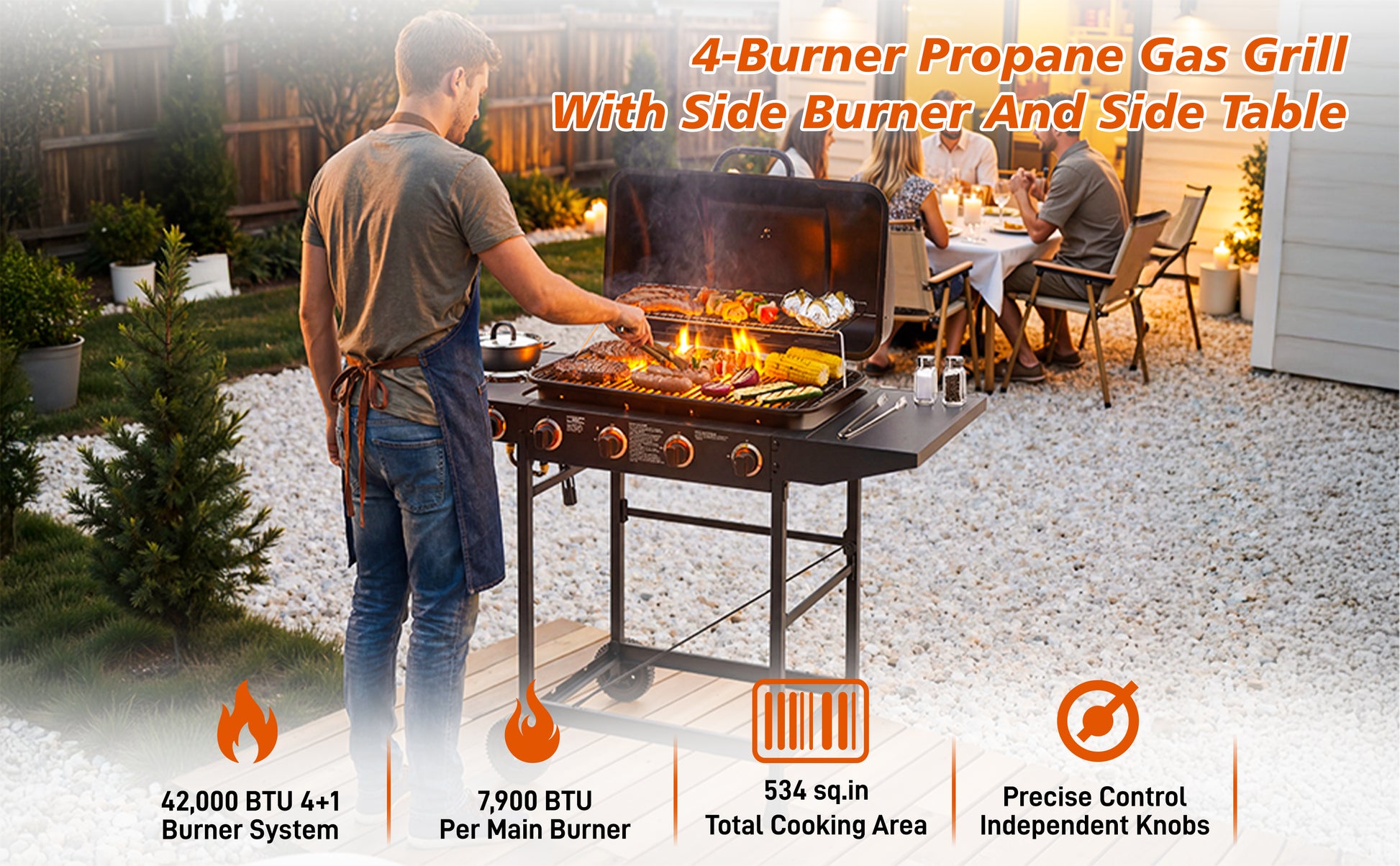 4 Burner BBQ Propane Gas Grill With Side Burner 42000 BTU Output Stainless Steel Barbecue Grill With Enamel-Coated Grates And Side Tables For Outdoor Cooking Kitchen And Patio Backyard.