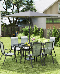 8 Pieces Patio Furniture Set with 9Ft Patio Umbrella, Outdoor Dining Table and Chairs, Mixed Gray