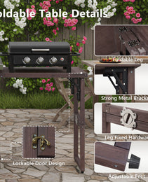 K&K 78.3  Outdoor Kitchen Island With Foldable Grill Table, Wooden Outdoor Grill Cart With Trash Can Storage & Stainless Steel Top, Outdoor Bar Cart, Pizza Oven Table For Lawn & Garden, Dark Brown