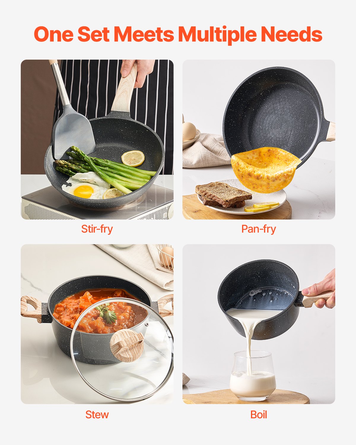 17 Piece Pots And Pans Set Granite Nonstick Kitchen Cookware Induction Black