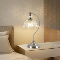 Brushed Nickel Table Lamp with a Floral Clear Glass Shade, a Plug-In Nightstand Lamp in Brushed Nickel Finish for Bedroom, Living Room,Office, and Desk