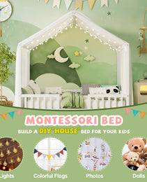 Montessori Floor Bed With Canopy, Full Bed Frame For Kids, House Shape Kids Bed Frame With High Railings, Wood Kids Bed With Roof, Kid Full Bed, White