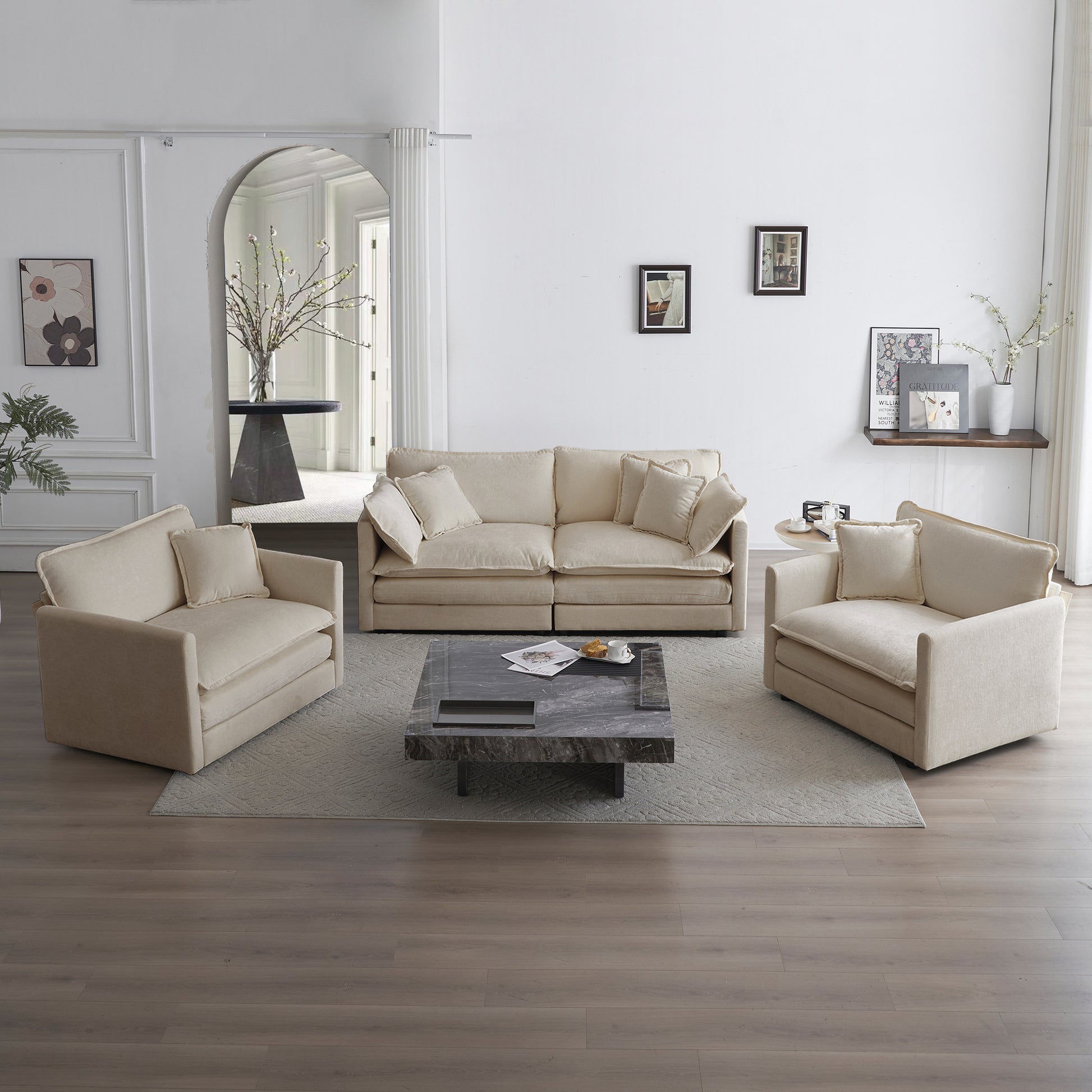 3 Piece Sofa Set With Arm Pillows And Toss Pillows , Sofa Set Include 2- Piece Of Arm Chair And One 2-seat Sofa, Space Saving Casual Sofa Set For Living Room, Beige Chenille